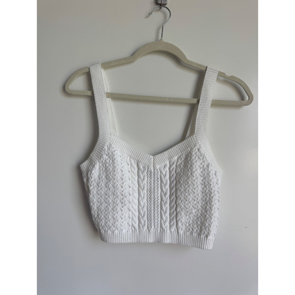 Intermix Womens White Cable Knit Crop Tank Top V-Neck Sleeveless Cotton Large